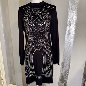 Rhinestone Studded Black Long sleeve Figure Fitting Dress New Years Eve Ladies L